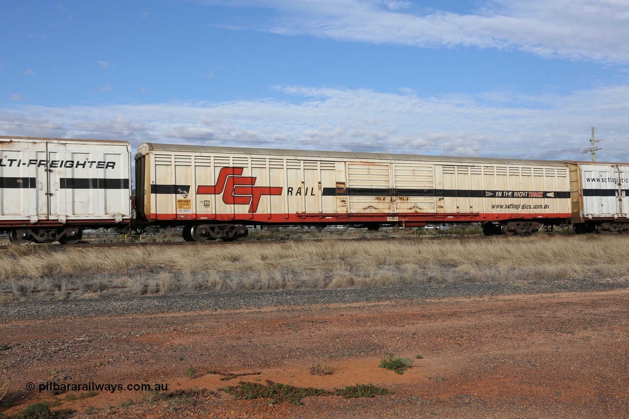 130710 1036
Parkeston, SCT train 3PG1, ABSY type ABSY 4448 covered van, originally built by Comeng WA in 1977 for Commonwealth Railways as VFX type, recoded to ABFX and RBFX to SCT as ABFY before conversion by Gemco WA to ABSY in 2004/05.
Keywords: ABSY-type;ABSY4448;Comeng-WA;VFX-type;ABFX-type;RBFX-type;ABFY-type;