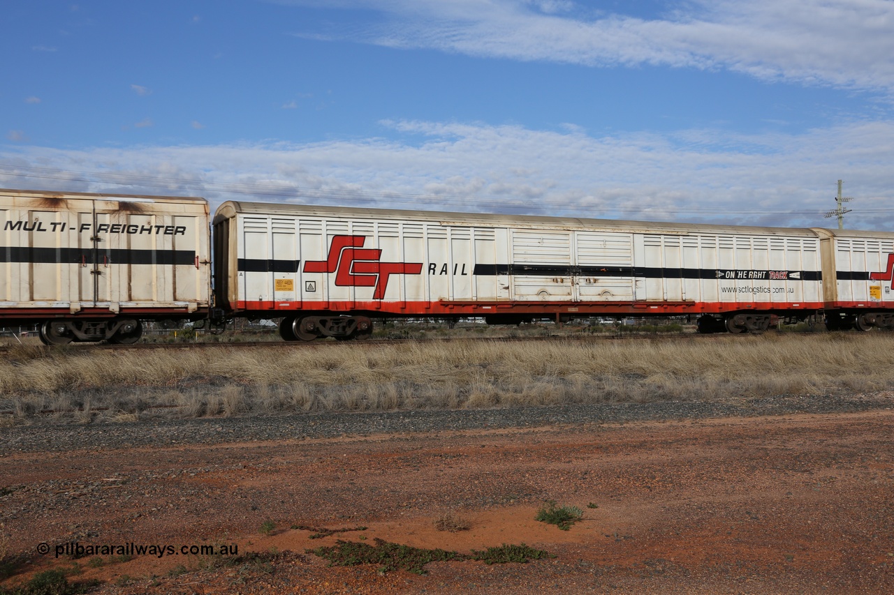 130710 1041
Parkeston, SCT train 3PG1, ABSY type covered van ABSY 4463, one of a batch of fifty made by Comeng WA as VFX type 75' covered vans 1977, recoded to ABFX then ABFY type, when Gemco WA upgraded it to ABSY type, seen here with the silver corrugated roof fitted.
Keywords: ABSY-type;ABSY4463;Comeng-WA;VFX-type;ABFX-type;RBFX-type;ABFY-type;