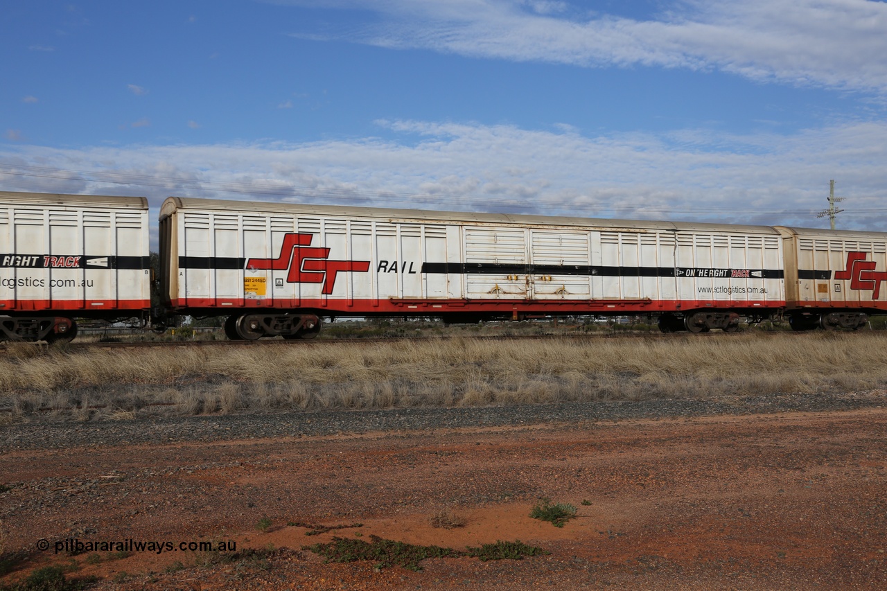 130710 1042
Parkeston, SCT train 3PG1, ABSY type ABSY 2445 covered van, originally built by Mechanical Handling Ltd SA in 1971 for Commonwealth Railways as VFX type recoded to ABFX and then RBFX before being converted from ABFY by Gemco WA to ABSY type in 2004/05.
Keywords: ABSY-type;ABSY2445;Mechanical-Handling-Ltd-SA;VFX-type;ABFX-type;RBFX-type;ABFY-type;