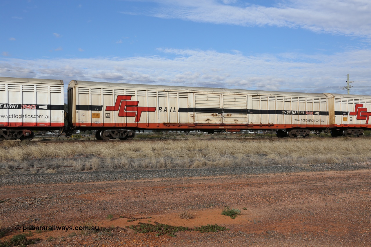 130710 1043
Parkeston, SCT train 3PG1, ABSY type ABSY 2657 covered van, originally built by Comeng NSW in 1973 for Commonwealth Railways as VFX type, recoded to ABFX then RBFX to SCT as ABFY before conversion by Gemco WA to ABSY in 2004/05.
Keywords: ABSY-type;ABSY2657;Comeng-NSW;VFX-type;ABFX-type;ABNX-type;ABFY-type;