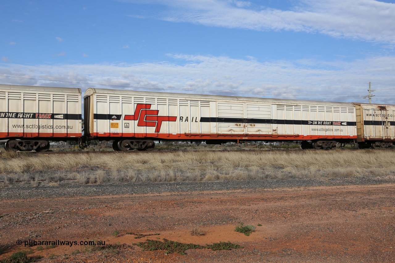 130710 1044
Parkeston, SCT train 3PG1, ABSY type ABSY 3121 covered van, originally built by Comeng WA in 1977 for Commonwealth Railways as VFX type, recoded to ABFX and RBFX to SCT as ABFY before conversion by Gemco WA to ABSY in 2004/05.
Keywords: ABSY-type;ABSY3117;Comeng-WA;VFX-type;ABFX-type;RBFX-type;ABFY-type;