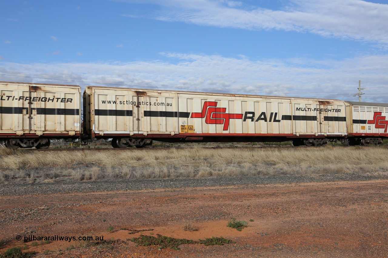 130710 1046
Parkeston, SCT train 3PG1, PBGY type covered van PBGY 0062 Multi-Freighter, one of eighty two waggons built by Queensland Rail Redbank Workshops in 2005.
Keywords: PBGY-type;PBGY0062;Qld-Rail-Redbank-WS;