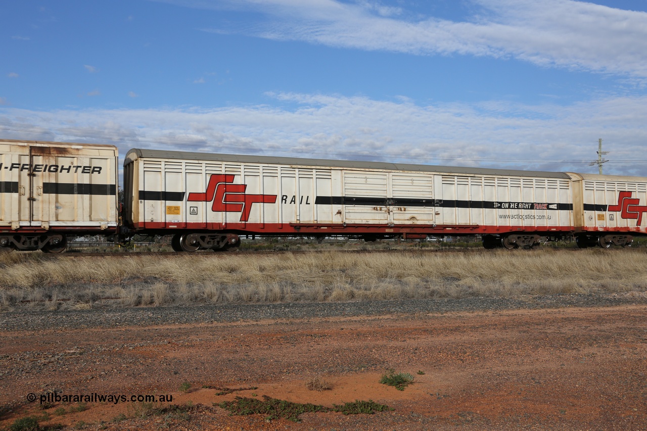 130710 1047
Parkeston, SCT train 3PG1, ABSY type ABSY 2826 covered van, originally built by Carmor Engineering SA in 1976 as a VFX type covered van for Commonwealth Railways, recoded to ABFX, then to RBFX and converted from ABFY by Gemco WA in 2004/05 to ABSY.
Keywords: ABSY-type;ABSY2823;Carmor-Engineering-SA;VFX-type;ABFX-type;RBFX-type;ABFY-type;