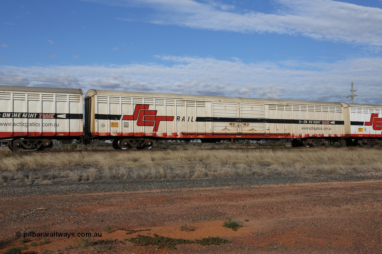 130710 1048
Parkeston, SCT train 3PG1, ABSY type ABSY 4419 covered van, originally built by Comeng WA in 1977 for Commonwealth Railways as VFX type, recoded to ABFX and RBFX to SCT as ABFY before conversion by Gemco WA to ABSY in 2004/05.
Keywords: ABSY-type;ABSY4419;Comeng-WA;VFX-type;ABFX-type;RBFX-type;ABFY-type;