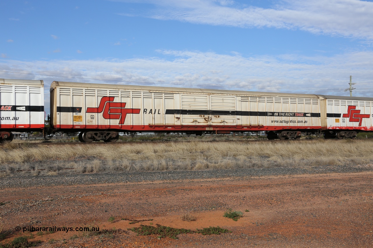 130710 1050
Parkeston, SCT train 3PG1, ABSY type ABSY 4460 covered van, originally built by Comeng WA in 1977 for Commonwealth Railways as VFX type, recoded to ABFX and RBFX to SCT as ABFY before conversion by Gemco WA to ABSY in 2004/05.
Keywords: ABSY-type;ABSY4460;Comeng-WA;VFX-type;ABFX-type;RBFX-type;ABFY-type;