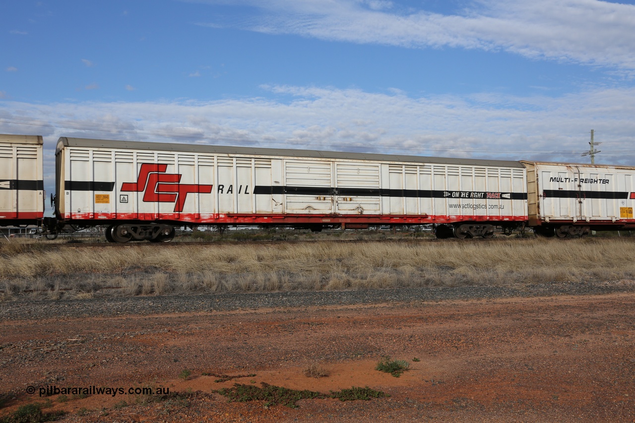 130710 1051
Parkeston, SCT train 3PG1, ABSY type covered van ABSY 2664, one of a batch of fifty made by Comeng WA as VFX type 75' covered vans 1977, recoded to ABFX then ABFY type, when Gemco WA upgraded it to ABSY type, seen here with the silver corrugated roof fitted.
Keywords: ABSY-type;ABSY2664;Comeng-NSW;VFX-type;ABFX-type;ABFY-type;