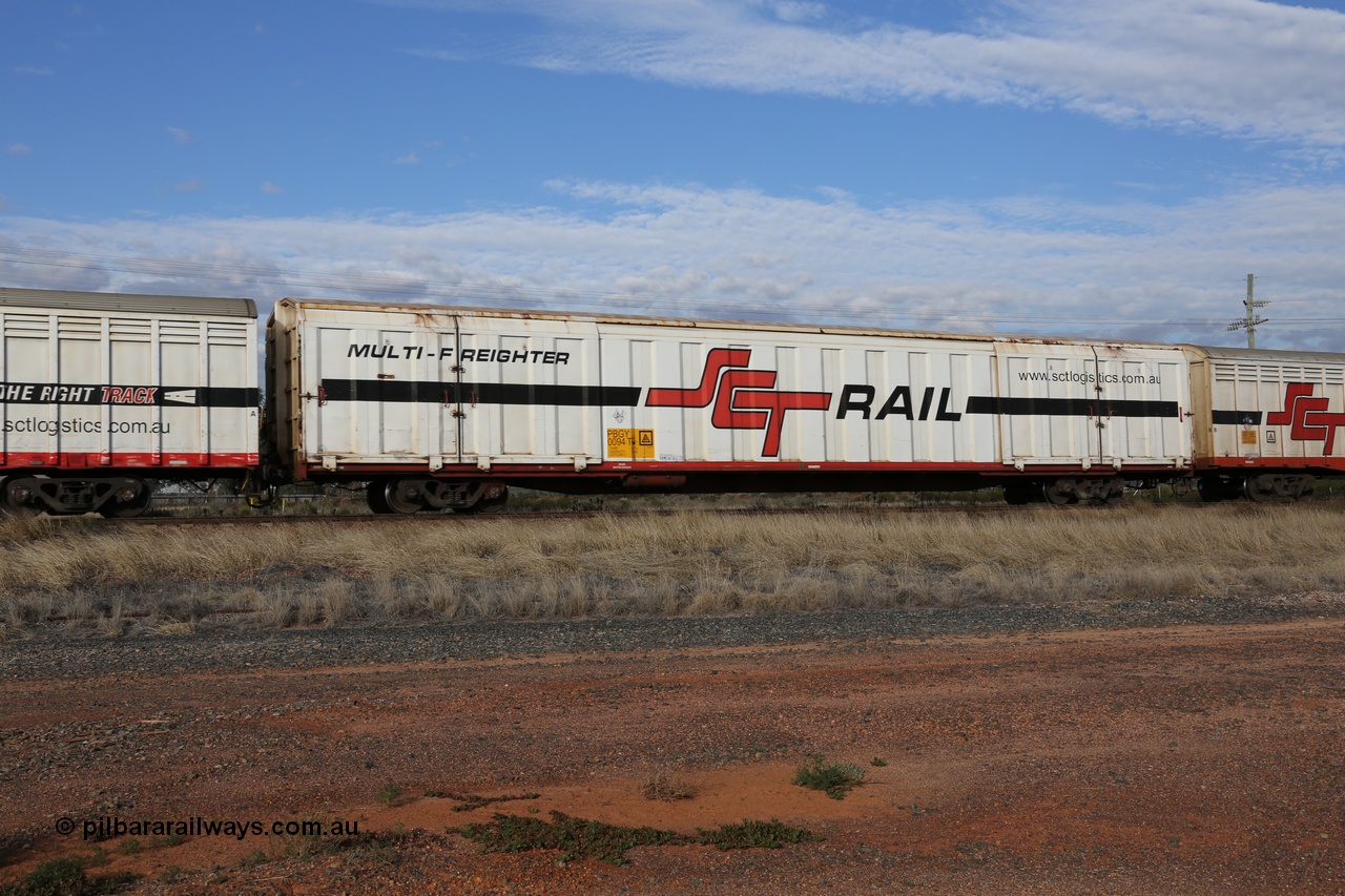 130710 1052
Parkeston, SCT train 3PG1, PBGY type covered van PBGY 0094 Multi-Freighter, one of eighty waggons from the second order built by Gemco WA for SCT.
Keywords: PBGY-type;PBGY0094;Gemco-WA;