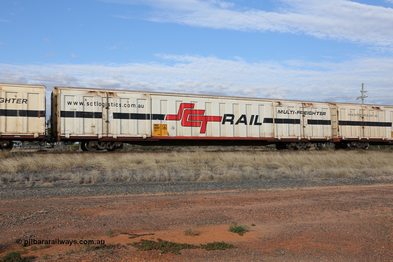 130710 1059
Parkeston, SCT train 3PG1, PBGY type covered van PBGY 0018 Multi-Freighter, one of eighty two waggons built by Queensland Rail Redbank Workshops in 2005.
Keywords: PBGY-type;PBGY0018;Qld-Rail-Redbank-WS;