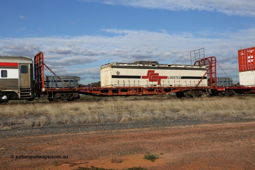 130710 1009
Parkeston, SCT train 3PG1 operating from Perth to Melbourne, PQTY 3045 bulkhead flat waggon was originally one of fifty RMX type container flat waggons built 1975-76 by Carmor Engineering SA, recoded through life to AQMX, AQMY and RQMY, seen here coded as PQTY type for SCT service and fitted with bulkheads pallets of gates and a 40' half height curtainsider SCT 1031 and a Macfield 40' flatrack MGCU 6609430.
Keywords: PQTY-type;PQTY3045;Carmor-Engineering-SA;RMX-type;