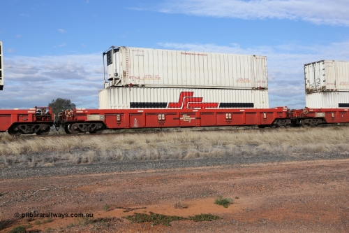 130710 1019
Parkeston, SCT train 3PG1, PWWY type 100 tonne well waggon PWWY 0015 double stacked with an SCT 48' MFG1 type container SCTDS 4850 and a 46' 6