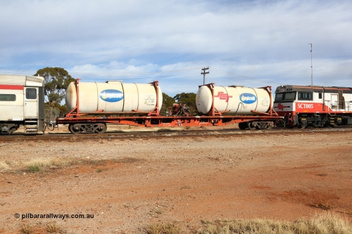 160523 2873
Parkeston, SCT train 7GP1 which operates from Parkes NSW (Goobang Junction) to Perth, SCT inline refuelling waggon PQFY type PQFY 4209 originally built by Carmor Engineering SA in 1976 for Commonwealth Railways as RMX type container waggon, with SCT - Logicoil AMT5 type tank-tainers TILU 102033 and TILU 102023.
Keywords: PQFY-type;PQFY4209;Carmor-Engineering-SA;RMX-type;
