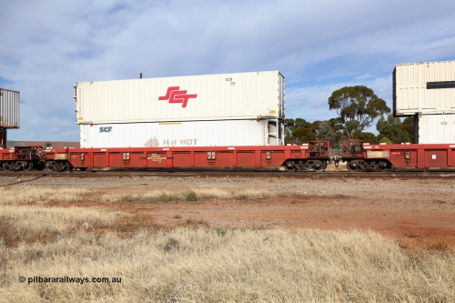160523 2906
Parkeston, SCT train 7GP1 which operates from Parkes NSW (Goobang Junction) to Perth, PWWY type PWWY 0009 one of forty well waggons built by Bradken NSW for SCT, loaded with a 46' MFRG SCF reefer SCFU 814055 with former owner Wilmot Freeze Haul still visible and a 48' SCT reefer SCTR 210.
Keywords: PWWY-type;PWWY0009;Bradken-NSW;