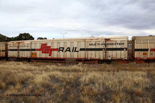 160524 3687
Kalgoorlie, SCT train 2PM9 operating from Perth to Melbourne, PBGY type covered van PBGY 0020 Multi-Freighter, one of eighty two waggons built by Queensland Rail Redbank Workshops in 2005.
Keywords: PBGY-type;PBGY0020;Qld-Rail-Redbank-WS;