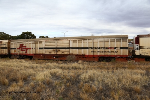 160524 3703
Kalgoorlie, SCT train 2PM9 operating from Perth to Melbourne, ABSY type ABSY 2662 covered van, originally built by Comeng NSW in 1973 for Commonwealth Railways as VFX type, recoded to ABFX and RBFX to SCT as ABFY before conversion by Gemco WA to ABSY in 2004/05.
Keywords: ABSY-type;ABSY2662;Comeng-NSW;VFX-type;