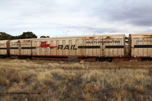 160524 3712
Kalgoorlie, SCT train 2PM9 operating from Perth to Melbourne, PBGY type covered van PBGY 0029 Multi-Freighter, one of eighty two waggons built by Queensland Rail Redbank Workshops in 2005.
Keywords: PBGY-type;PBGY0029;Qld-Rail-Redbank-WS;
