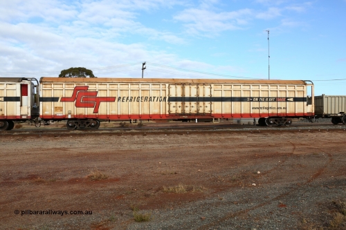 160525 4577
Parkeston, SCT train 3PG1 which operates from Perth to Parkes NSW (Goobang Junction), ARBY type ARBY 4430 refrigerated van, originally built by Comeng WA in 1977 as a VFX type covered van for Commonwealth Railways, recoded to ABFX and converted from ABFY by Gemco WA in 2004/05 to ARBY.
Keywords: ARBY-type;ARBY4430;Comeng-WA;VFX-type;