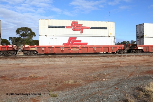 160525 4587
Parkeston, SCT train 3PG1 which operates from Perth to Parkes NSW (Goobang Junction), PWWY type PWWY 0005 one of forty well waggons built by Bradken NSW for SCT, loaded with a 48' SCT reefer SCTR 312 and a 48' SCT MFG1 type container SCTDS 4807.
Keywords: PWWY-type;PWWY0005;Bradken-NSW;