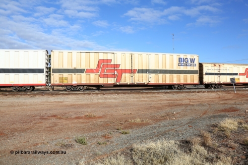 160525 4610
Parkeston, SCT train 3PG1 which operates from Perth to Parkes NSW (Goobang Junction), PBHY type covered van PBHY 0019 Greater Freighter, one of thirty five units built by Gemco WA in 2005 without the Greater Freighter signage but with Big W We Sell For Less logo.
Keywords: PBHY-type;PBHY0019;Gemco-WA;