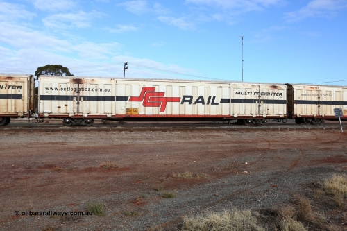 160525 4625
Parkeston, SCT train 3PG1 which operates from Perth to Parkes NSW (Goobang Junction), PBGY type covered van PBGY 0008 Multi-Freighter, one of eighty two waggons built by Queensland Rail Redbank Workshops in 2005.
Keywords: PBGY-type;PBGY0008;Qld-Rail-Redbank-WS;