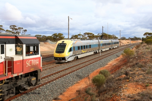 160526 5287
West Kalgoorlie, SCT train 3MP9 operating from Melbourne to Perth, with 76 waggons for 5709.8 tonnes and 1795 metres with EDI Downer built EMD model GT46C-ACe unit SCT 014 serial 08-1738 on the point holds the mainline as the Kalgoorlie bound Prospector three car set led by WDA 003 passes on the loop.
Keywords: SCT-class;SCT014;EDI-Downer;EMD;GT46C-ACe;08-1738;