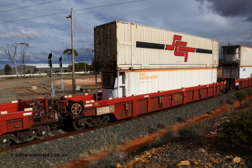 160526 5307
West Kalgoorlie, SCT train 3MP9 operating from Melbourne to Perth, PWWY type PWWY 0029 one of forty well waggons built by Bradken NSW for SCT, loaded with a 48' reefer MFR3 type Rail Containers SCFU 811003 and a 48' MFG1 type SCT container SCTDS 4840.
Keywords: PWWY-type;PWWY0029;Bradken-NSW;