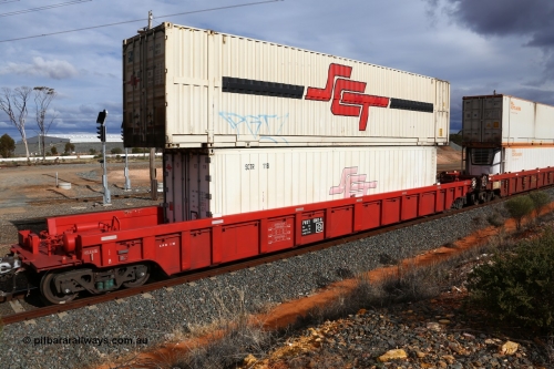 160526 5309
West Kalgoorlie, SCT train 3MP9 operating from Melbourne to Perth, PWXY type PWXY 0001, type leader of twelve well waggons built by CSR Meishan Rolling Stock Co of China for SCT in 2008, loaded with a 40' SCT reefer SCTR 118 and a 48' MFG1 type container SCT unit SCTDS 4815.
Keywords: PWXY-type;PWXY0001;CSR-Meishan-China;