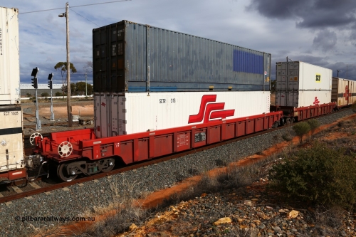 160526 5327
West Kalgoorlie, SCT train 3MP9 operating from Melbourne to Perth, PWXY type PWXY 0009 one of twelve well waggons built by CSR Meishan Rolling Stock Co of China for SCT in 2008, loaded with a 48' SCT reefer SCTR 316 and a blue 48' MFG1 type container SCF unit SCFU 407002 with SCT decals.
Keywords: PWXY-type;PWXY0009;CSR-Meishan-China;