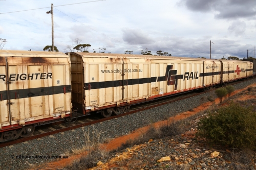 160526 5336
West Kalgoorlie, SCT train 3MP9 operating from Melbourne to Perth, PBGY type covered van PBGY 0121 Multi-Freighter, one of eighty units built by Gemco WA, with Independent Brake signage.
Keywords: PBGY-type;PBGY0121;Gemco-WA;