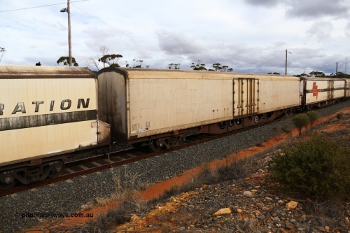 160526 5355
West Kalgoorlie, SCT train 3MP9 operating from Melbourne to Perth, with no lettering visible of this side, ARFY type ARFY 2233 refrigerated van with a Ballarat built Maxi-CUBE fibreglass body that has been fitted to a Comeng Victoria 1971 built RO type flat waggon that was in service with Commonwealth Railways and recoded though ROX - AQOX - AQOY - RQOY codes before conversion.
Keywords: ARFY-type;ARFY2233;Maxi-Cube;Comeng-Vic;RO-type;AQOX-type;