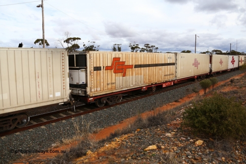 160526 5360
West Kalgoorlie, SCT train 3MP9 operating from Melbourne to Perth, Gemco WA built forty of these PQIY type 80' container flat waggons in 2009, PQIY 0023 loaded with two SCT 40' reefers SCTR 001 and SCT 123.
Keywords: PQIY-type;PQIY0023;Gemco-WA;