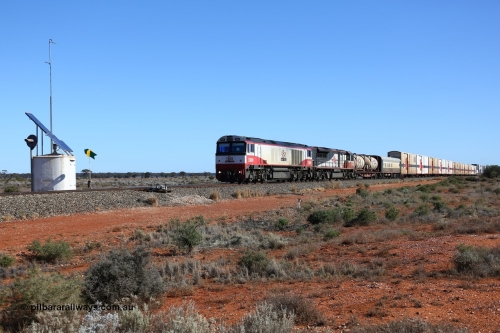 160527 5520
Blamey crossing loop at the 1692 km, SCT train 5PM9 operating from Perth to Melbourne speeds through behind CSR Ziyang Locomotive Co, China SDA1 model SCT CSR class locomotive CSR 010 'C Mobrici' and SCT 008 with 71 waggons for 4117.5 tonnes and 1752.5 metres.
Keywords: CSR-class;CSR-010;CSR-Ziyang-China;SDA1;
