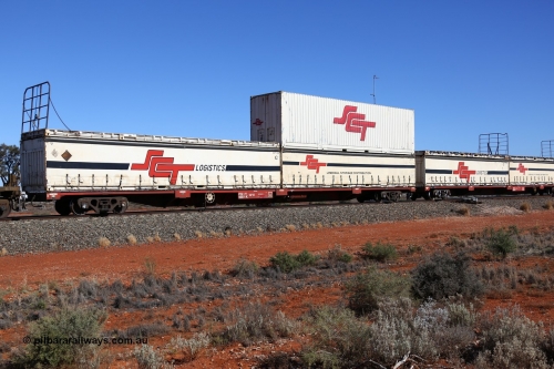 160527 5535
Blamey crossing loop at the 1692 km, SCT train 5PM9 operating from Perth to Melbourne, Gemco WA built forty of these PQIY type 80' container flat waggons in 2009, PQIY 0007 loaded with two SCT 40' half height curtainsiders SCT 1028 and SCT 1012, a former Macfield 40' flatrack SCT AT 08? and an SCT 40' container SCT 40211.
Keywords: PQIY-type;PQIY0007;Gemco-WA;