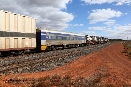 160529 8875
Parkeston, SCT train 6MP9 operating from Melbourne to Perth, CFCLA leased crew accommodation coach CDBY type CDBY 255 'Curlew', originally built by SAR Islington Workshops in 1956 as a Bluebird railcar 'Curlew', later numbered 802 in National Rail service, then to CDBY 255 when converted to crew coach in 2007 behind SCT class units SCT 010 and SCT 007 with inline refuelling waggon PQFY 4209.
Keywords: CDBY-type;CDBY255;SAR-Islington-WS;Bluebird;250-type;