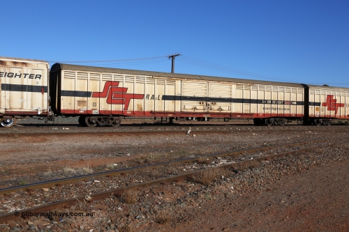 160530 9121
Parkeston, SCT train 1PM9 operates mostly empty from Perth to Melbourne, ABSY type ABSY 2452 covered van, originally built by Mechanical Handling Ltd SA in 1972 for Commonwealth Railways as VFX type recoded to ABFX and then RBFX before being converted by Gemco WA to ABSY type in 2004/05.
Keywords: ABSY-type;ABSY2452;Mechanical-Handling-Ltd-SA;VFX-type;ABFY-type;