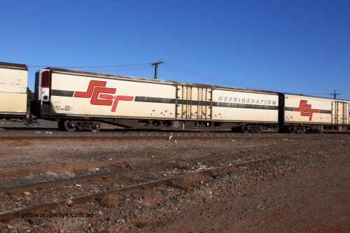 160530 9127
Parkeston, SCT train 1PM9 operates mostly empty from Perth to Melbourne, ARFY type ARFY 2183 refrigerated van with a New Zealand built Fairfax body mounted on an original Commonwealth Railways ROX container waggon built by Comeng Quds in 1970, recoded to RQX, AFQX, AQOX and RQOY before being fitted with the refrigerated body for SCT service circa 1998.
Keywords: ARFY-type;ARFY2183;Fairfax-NZL;Comeng-Qld;ROX-type;AQOX-type;