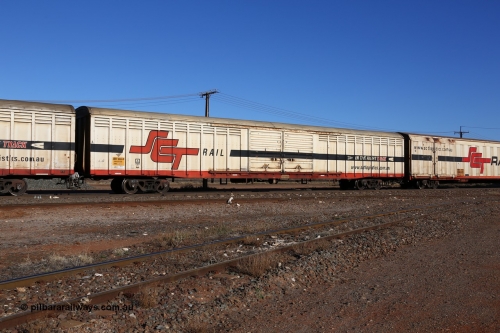 160530 9131
Parkeston, SCT train 1PM9 operates mostly empty from Perth to Melbourne, ABSY type ABSY 2444 covered van, originally built by Mechanical Handling Ltd SA in 1971 for Commonwealth Railways as VFX type recoded to ABFX and then RBFX before being converted from ABFY by Gemco WA to ABSY type in 2004/05.
Keywords: ABSY-type;ABSY2444;Mechanical-Handling-Ltd-SA;VFX-type;ABFY-type;
