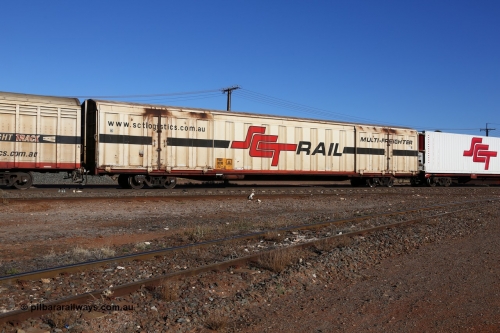 160530 9135
Parkeston, SCT train 1PM9 operates mostly empty from Perth to Melbourne, PBGY type covered van PBGY 0011 Multi-Freighter, one of eighty two waggons built by Queensland Rail Redbank Workshops in 2005.
Keywords: PBGY-type;PBGY0011;Qld-Rail-Redbank-WS;