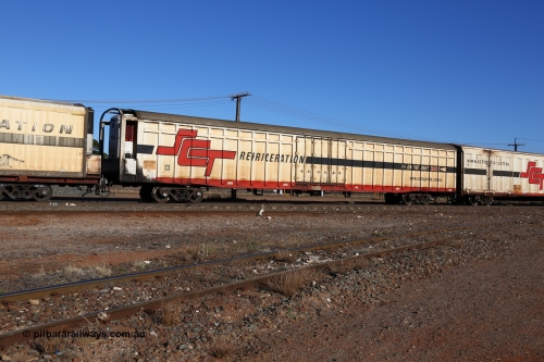 160530 9146
Parkeston, SCT train 1PM9 operates mostly empty from Perth to Melbourne, ARBY type ARBY 2659 refrigerated van, originally built by Comeng NSW in 1973 as a VFX type covered van for Commonwealth Railways, recoded to ABFX, RBFX and finally converted from ABFY by Gemco WA in 2004/05 to ARBY.
Keywords: ARBY-type;ARBY2659;Comeng-NSW;VFX-type;