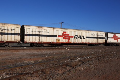 160530 9154
Parkeston, SCT train 1PM9 operates mostly empty from Perth to Melbourne, PBGY type covered van PBGY 0137 Multi-Freighter, one of eighty units built by Gemco WA, with Independent Brake signage.
Keywords: PBGY-type;PBGY0137;Gemco-WA;