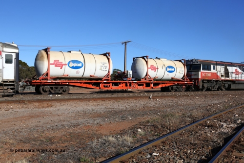 160530 9169
Parkeston, SCT train 7GP1 which operates from Parkes NSW (Goobang Junction) to Perth, SCT inline refuelling waggon PQFY type PQFY 4256 with SCT - Logicoil AMT5 type tank-tainers TILU 102028 and TILU 102020, originally built by Perry Engineering SA in 1975 for Commonwealth Railways as an RMX type container flat, recoded to AQMX, AQMY and to RQMY.
Keywords: PQFY-type;PQFY4256;Perry-Engineering-SA;RMX-type;