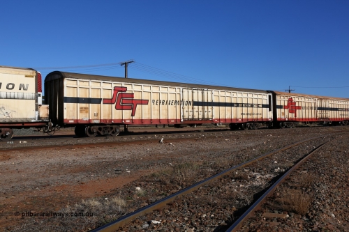 160530 9227
Parkeston, SCT train 7GP1 which operates from Parkes NSW (Goobang Junction) to Perth, ARBY type ARBY 2686 refrigerated van, originally built by Comeng NSW in 1973 as a VFX type covered van for Commonwealth Railways, recoded to ABFX, ABGY and finally converted from ABFY by Gemco WA in 2004/05 to ARBY.
Keywords: ARBY-type;ARBY2686;Comeng-NSW;VFX-type;