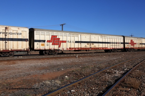 160530 9240
Parkeston, SCT train 7GP1 which operates from Parkes NSW (Goobang Junction) to Perth, ABSY type ABSY 4487 covered van, originally built by Comeng WA in 1977 for Commonwealth Railways as VFX type, recoded to ABFX and RBFX to SCT as ABFY before conversion by Gemco WA to ABSY in 2004/05.
Keywords: ABSY-type;ABSY4487;Comeng-WA;VFX-type;ABFY-type;