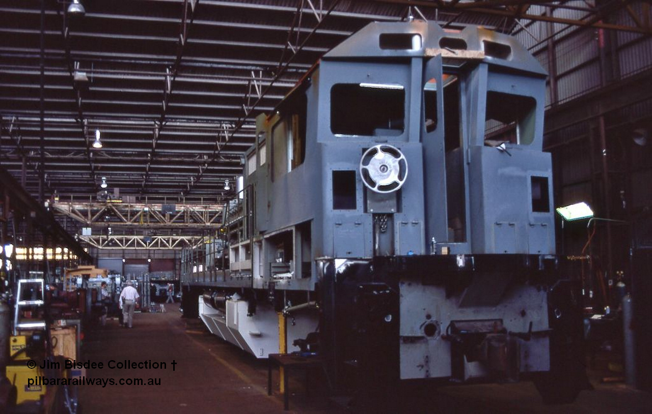 1046 001
Welshpool, Goninan Open Day 27th August, 1988. Brand new GE CM39-8 locomotive 5632 serial 5831-11 / 88-081 under construction for Mt Newman Mining.
Jim Bisdee photo.
Keywords: 5632;Goninan;GE;CM39-8;5831-11/88-081;
