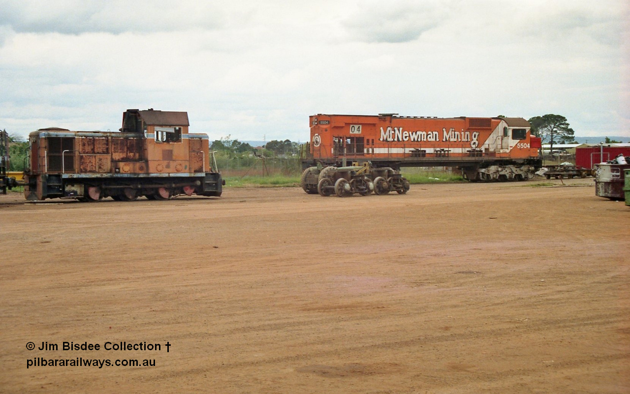 22452
Bassendean, Goninan workshops, Mt Newman Mining's Comeng NSW built ALCo M636 5504 serial C6104-2 sits out the back in a partially stripped state. This unit was subsequently scrapped. November 1992.
Jim Bisdee photo.
Keywords: 5504;Comeng-NSW;ALCo;M636;C6104-2;