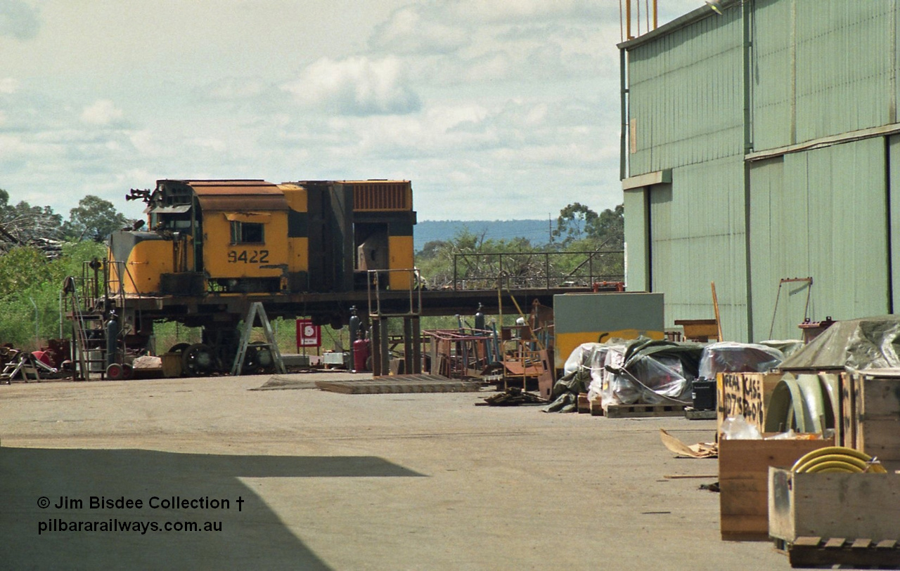 22472
Bassendean, Goninan workshops, Robe River's Comeng NSW built ALCo model M636 9422 serial C6103-2 is undergoing rebuilding into a GE CM40-8M unit, it would emerge rebuilt in March 1993. Image September 1992.
Jim Bisdee photo.
Keywords: 9422;Comeng-NSW;MLW-ALCo;M636;C6103-2;