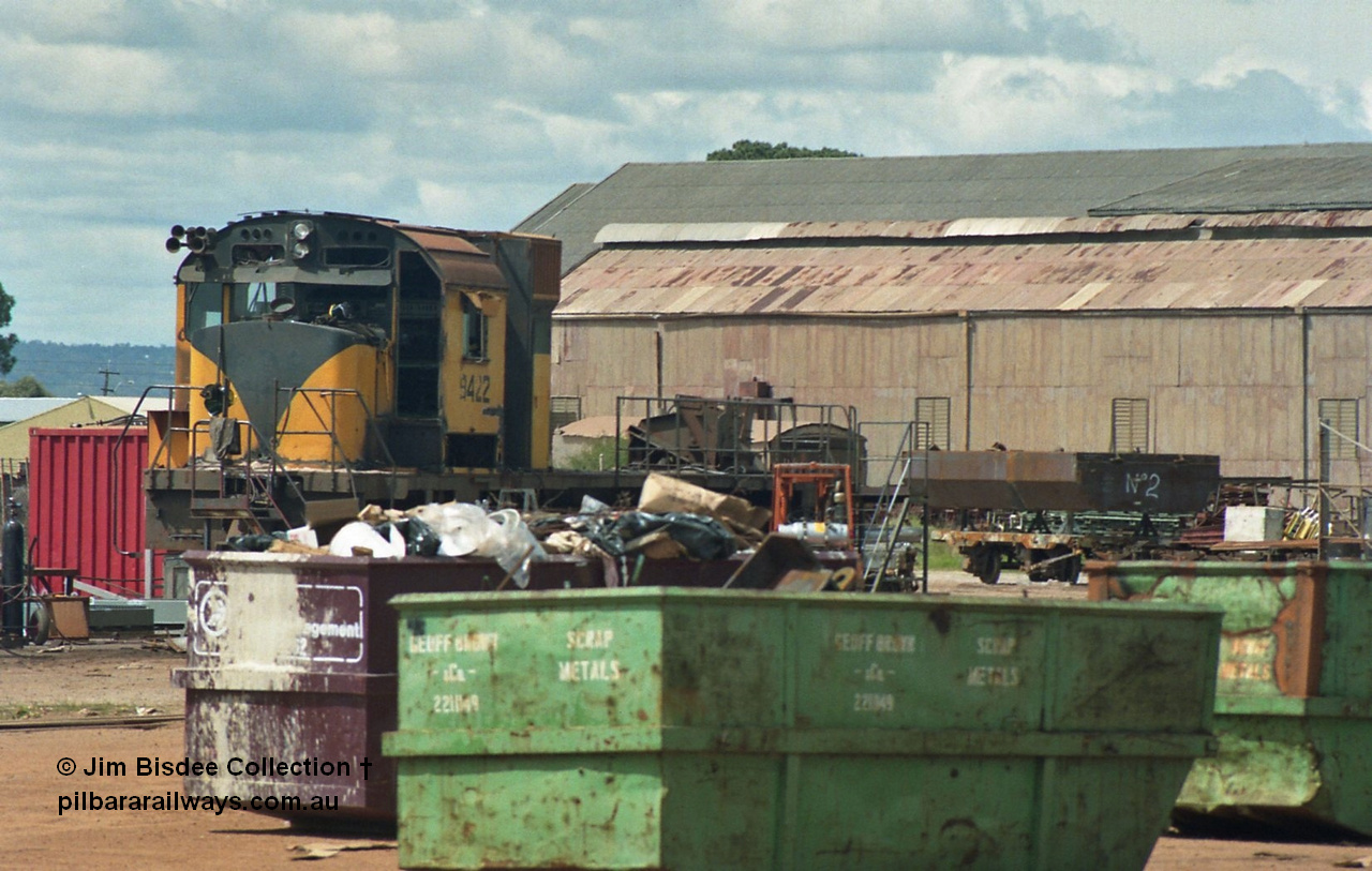 22473
Bassendean, Goninan workshops, Robe River's Comeng NSW built ALCo model M636 9422 serial C6103-2 is undergoing rebuilding into a GE CM40-8M unit, it would emerge rebuilt in March 1993. Image September 1992.
Jim Bisdee photo.
Keywords: 9422;Comeng-NSW;ALCo;M636;C6103-2;
