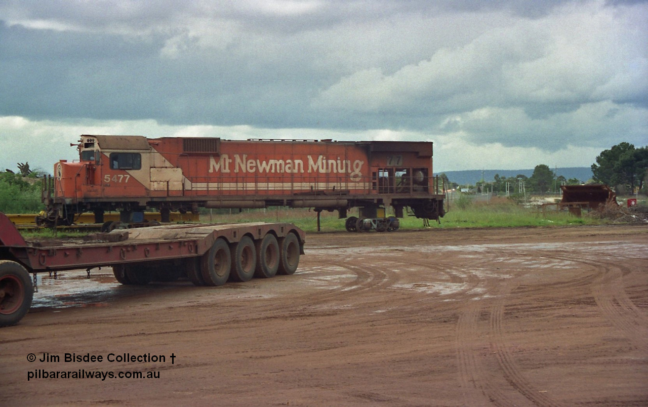22708
Bassendean, Goninan workshops, Mt Newman Mining's AE Goodwin built ALCo model M636 5477 serial G6047-9 is undergoing rebuilding into a GE CM40-8M unit, it would emerge rebuilt in June 1993 as 5648.
Jim Bisdee photo.
Keywords: 5477;AE-Goodwin;ALCo;M636C;G6047-9;