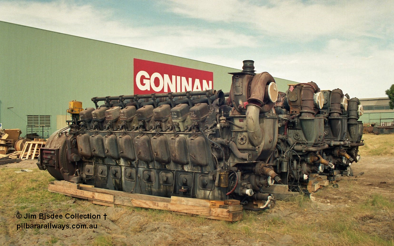 23142
Bassendean, Goninan workshops, ALCo 251 diesel engines, these are believed to have been exported to Mexico. March 1993.
Jim Bisdee photo.
Keywords: ALCo;251;