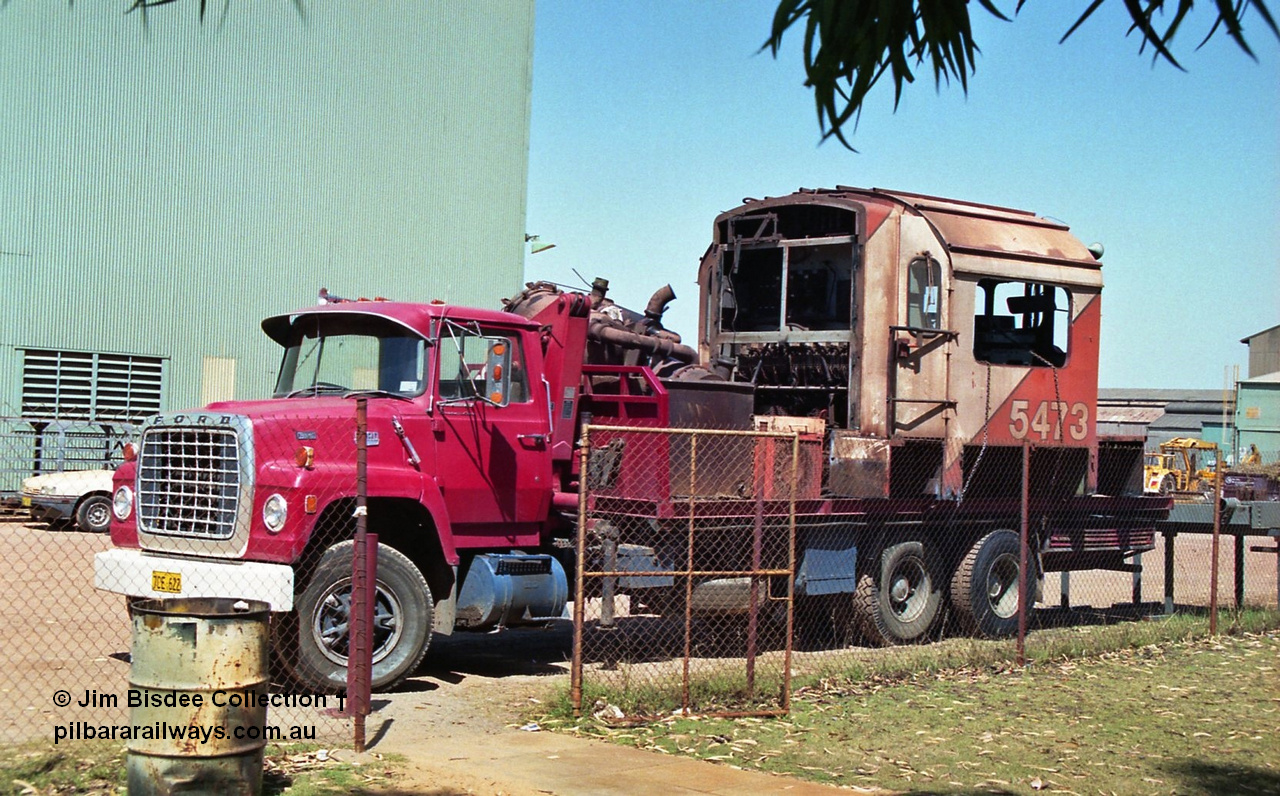 23713
Bassendean, Goninan workshops, Mt Newman Mining's AE Goodwin built ALCo model M636 unit 5473 serial G6047-5 being scrapped to frame level, cab section on truck. December 1992.
Jim Bisdee photo.
Keywords: 5473;AE-Goodwin;ALCo;M636C;G6047-5;