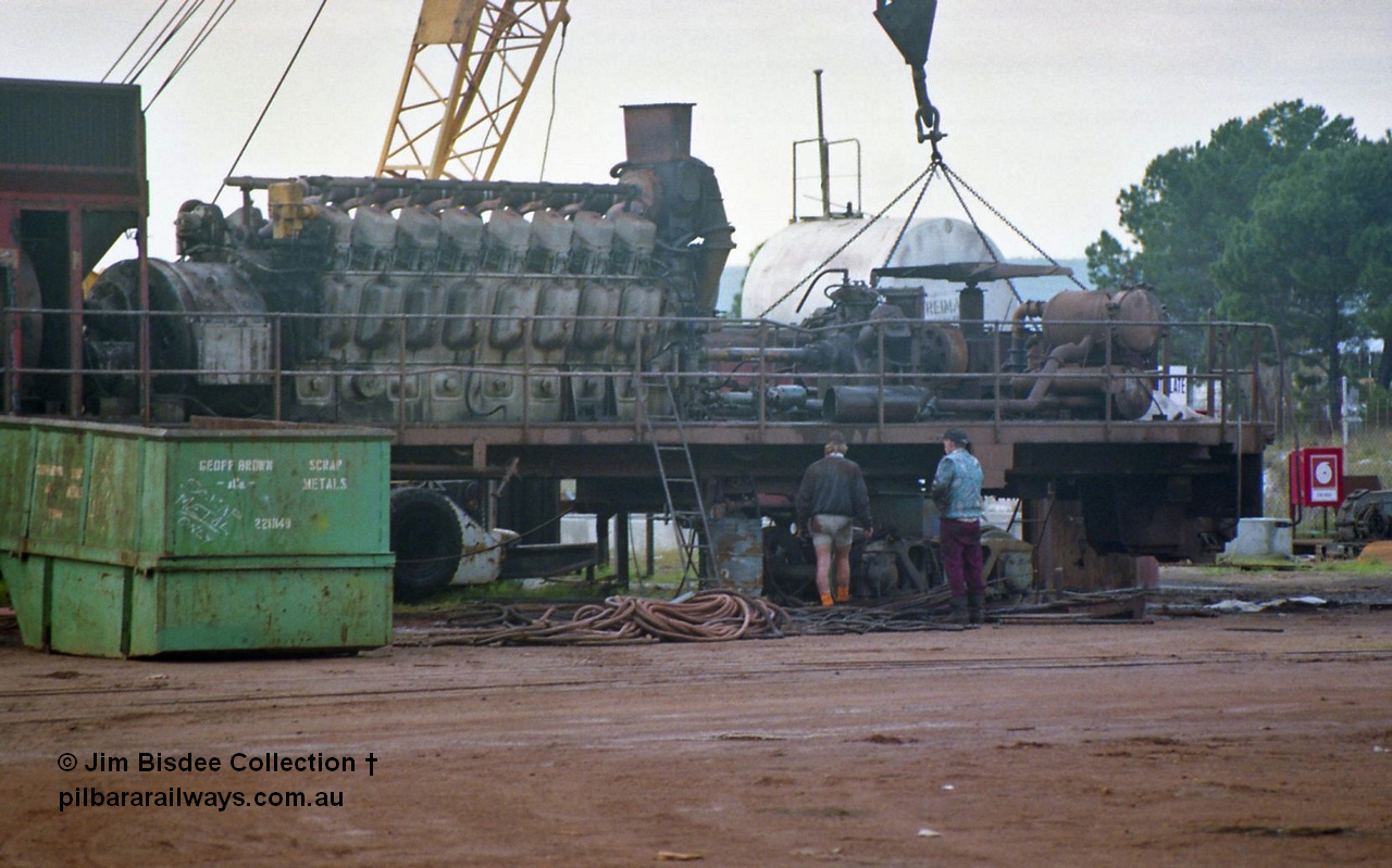 23907
Bassendean, Goninan workshops, Mt Newman Mining AE Goodwin built ALCo M636 unit, 5474 serial G6047-6 ALCo 251 prime mover, being stripped prior to rebuilding into CM40-8M 5655 in December 1993. July 1993.
Jim Bisdee photo.
Keywords: 5474;AE-Goodwin;ALCo;M636C;G6047-6;